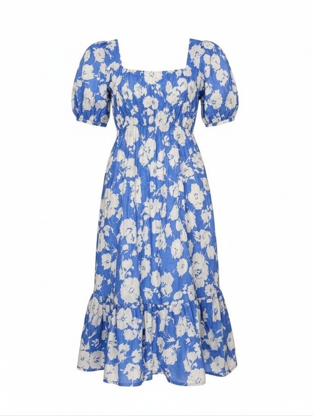 Square Neck Blue and White Floral Midi Dress with Puff Sleeves